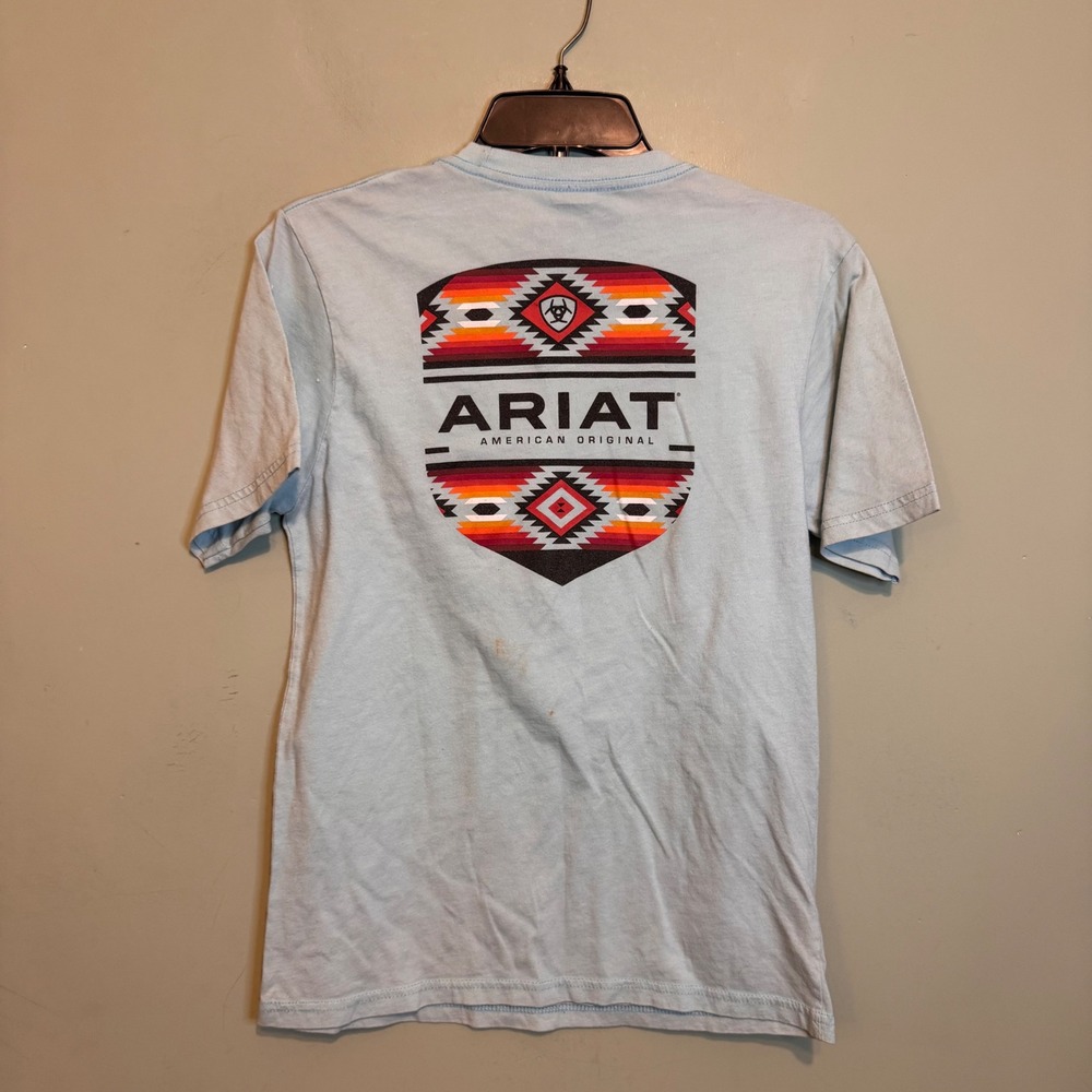 $3 BUNDLE ITEM Ariat T-Shirt Light Blue Aztec Logo Short Sleeve Tee Large